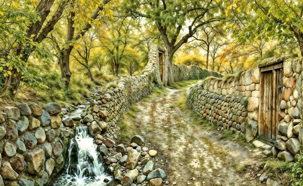 تصویر جاده خاکی و دیوارهای سنگی در دل طبیعت پاییزی برای پوستر دیواری راهرو و ورودی منزل