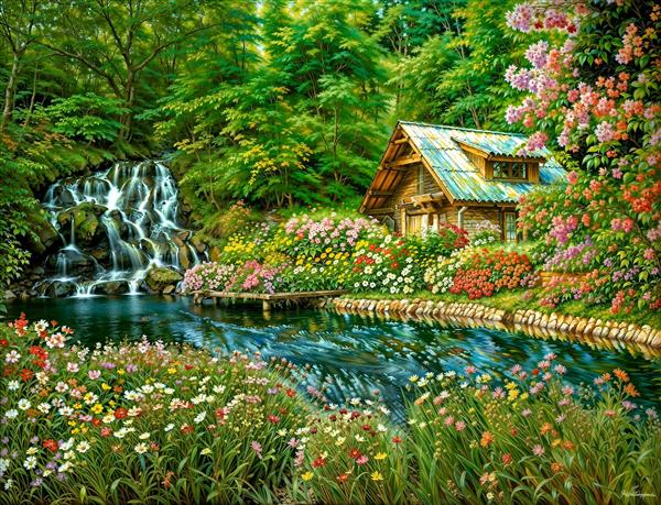 منظره رویایی باغ گل و کلبه چوبی کنار آبشار جهت تولید پوستر دیواری اتاق خواب مستر و سالن ماساژ