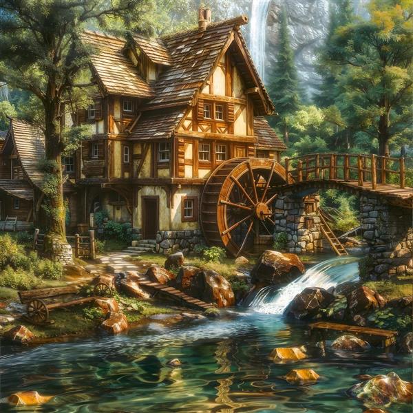 پوستر دیواری سه بعدی طرح آسیاب آبی قدیمی در جنگل سبز برای پشت میز پذیرش و محیط‌های اداری