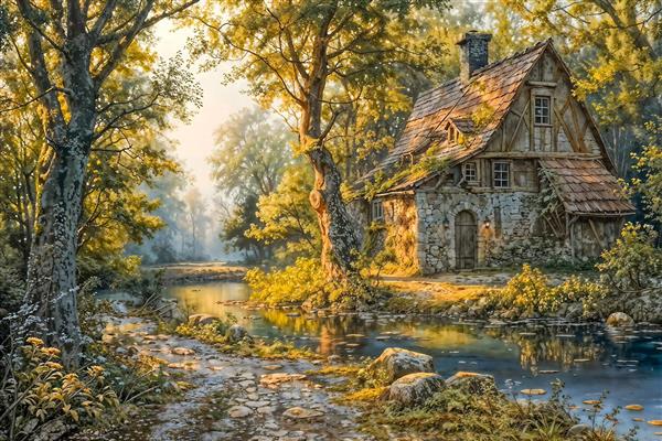 طرح هنری خانه روستایی قدیمی کنار برکه‌ آب ویژه چاپ کاغذ دیواری و تابلو دکوراتیو اتاق نشیمن