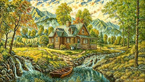 نقاشی منظره کلبه جنگلی و رودخانه خروشان برای چاپ پوستر دیواری سه بعدی پذیرایی و لابی فضاها