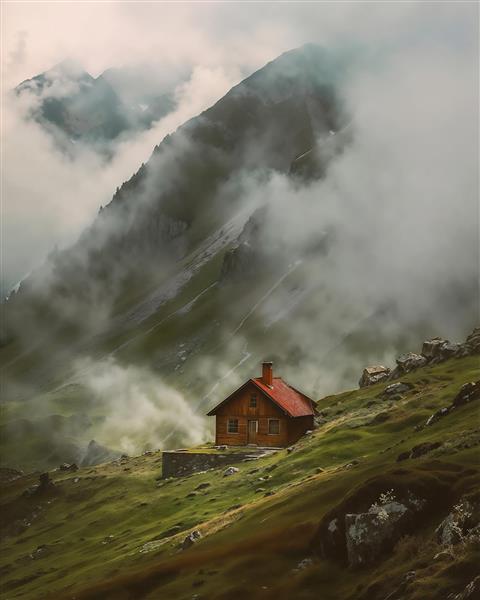 منظره کلبه کوهستانی در میان مه و ابر مناسب پوستر دیواری اتاق خواب و ویلا