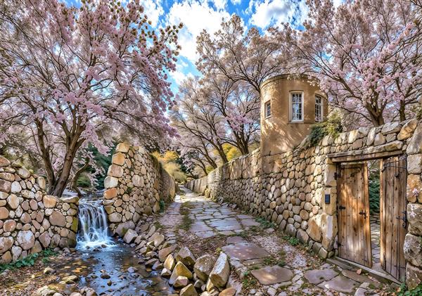 کوچه باغ رویایی با دیوارهای سنگی و درختان پرشکوفه صورتی مخصوص پوستر دیواری لابی هتل و تالارهای مجلل