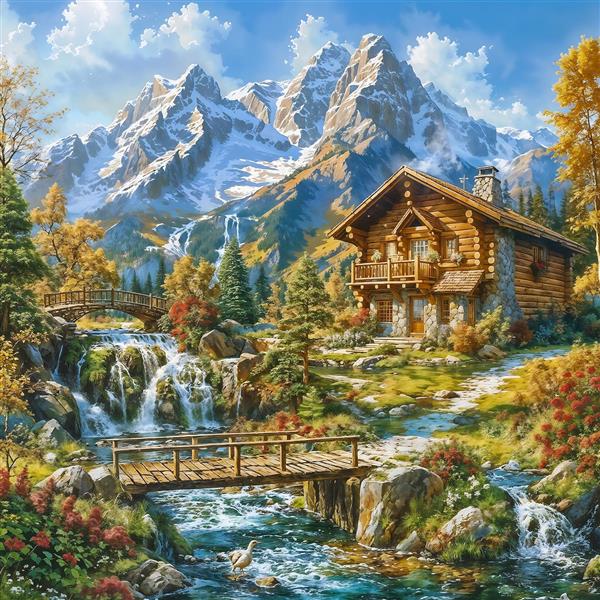 کلبه درختی کنار آبشار و پل چوبی در دل طبیعت بکر برای چاپ پوستر دیواری عریض و دیوارپوش مراکز تفریحی