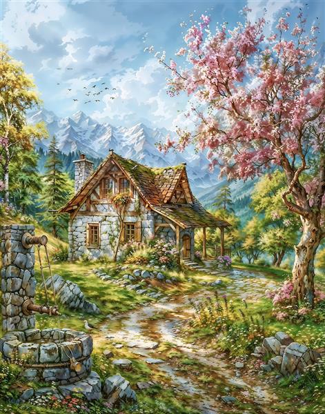 تصویر شکوفه‌های بهاری و کلبه سنگی در دامنه کوه مناسب پوستر دیواری اتاق کودک و نوت‌بوک‌های فانتزی