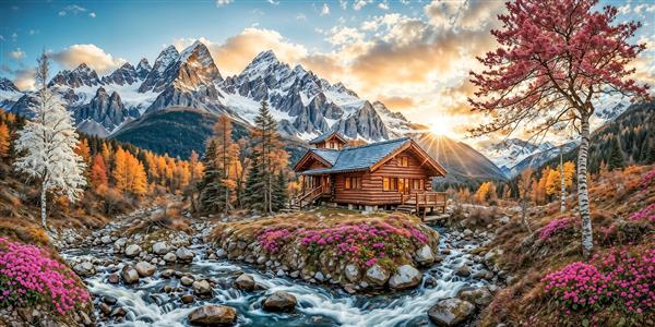منظره برفی کوه‌های آلپ و کلبه چوبی در طلوع خورشید ویژه پوستر دیواری سه بعدی و دکوراسیون داخلی کافی‌شاپ
