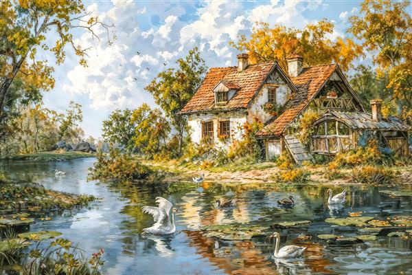 طرح قوهای زیبا در برکه مجاور کلبه روستایی مناسب برای پرده چاپی، روتختی و پوستر دیواری اتاق خواب بزرگسال