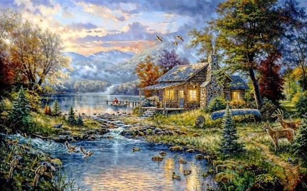 کلبه سنگی کنار دریاچه کوهستانی در غروب دل‌انگیز برای پوستر دیواری پذیرایی لوکس و تابلوهای دکوراتیو ویلا