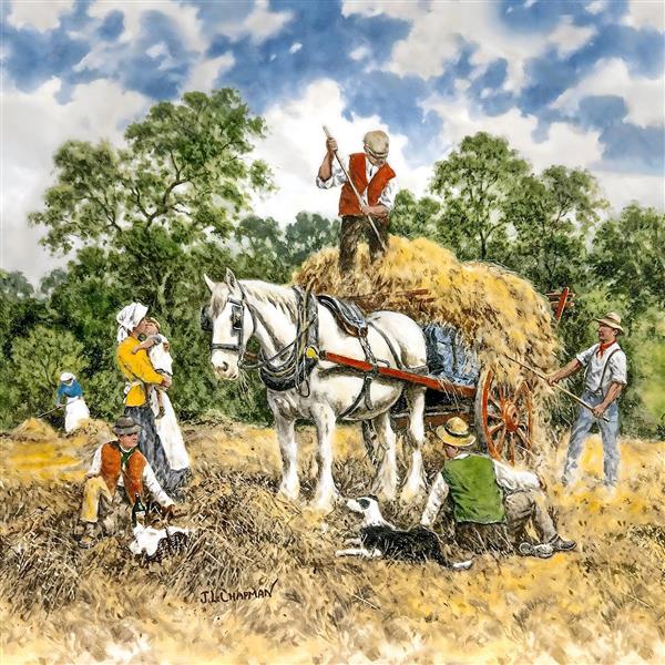 نقاشی آبرنگ زندگی روستایی و جمع‌آوری آذوقه با اسب سفید مخصوص پوستر دیواری کلاسیک و دکوراسیون رستوران سنتی