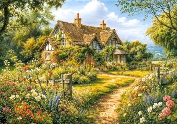 خانه ویلایی انگلیسی با باغچه پرگل و مسیر خورشیدی مناسب پوستر دیواری اتاق کودک و روتختی های طرح طبیعت