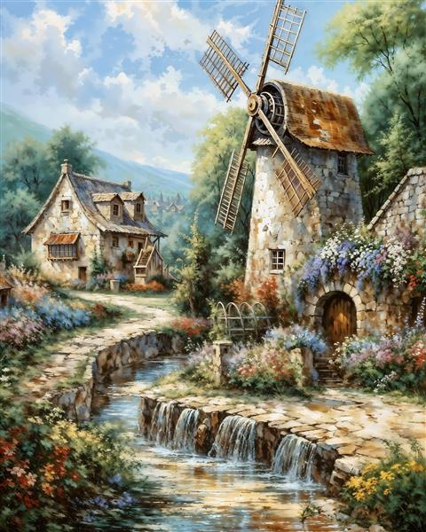نقاشی منظره آسیاب بادی و کلبه روستایی در کنار رودخانه برای چاپ روی بوم، کوسن و پوستر دیواری اتاق مهمان