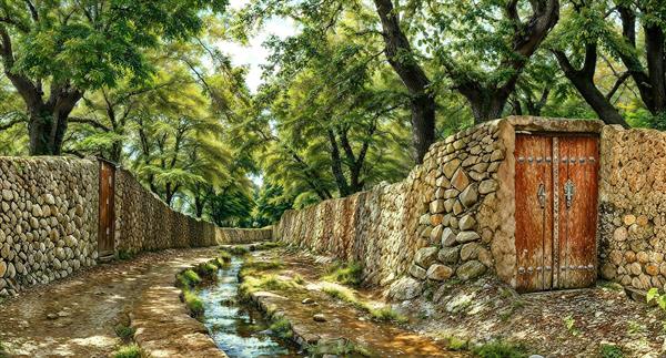 تصویر رویایی کوچه باغ ایرانی با جوی آب و درختان سرسبز ویژه پوستر دیواری پذیرایی و دیوارپوش تالار و ویلا