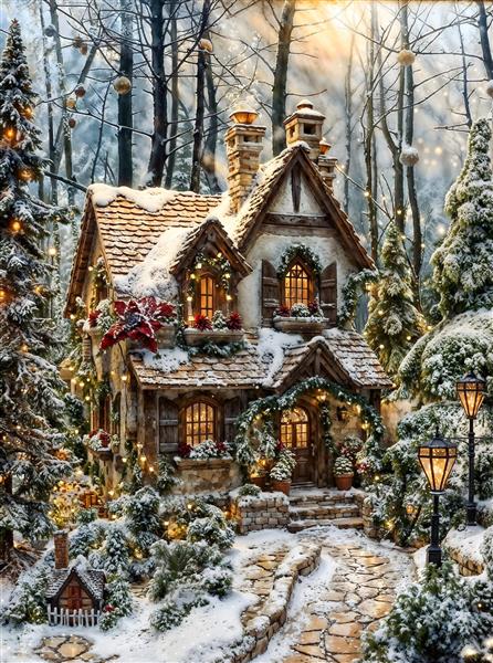 کلبه چوبی برفی در جنگل زمستانی با نورپردازی گرم ایده آل برای پوستر دیواری اتاق خواب و کاغذ دیواری سه بعدی