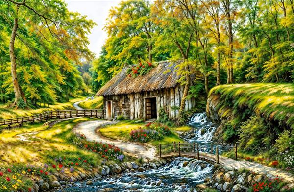 پوستر سه بعدی کلبه قدیمی کنار آبشار و رودخانه در جنگل پاییزی مناسب ویلا و پذیرایی جهت چاپ کاغذ دیواری و تابلوهای عریض