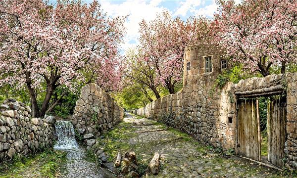 کوچه باغ رویایی با شکوفه های صورتی بهاری و دیوار سنگی سنتی مناسب برای پشت تختخواب و لابی جهت چاپ کاغذ دیواری و تابلو فرش دکوراتیو