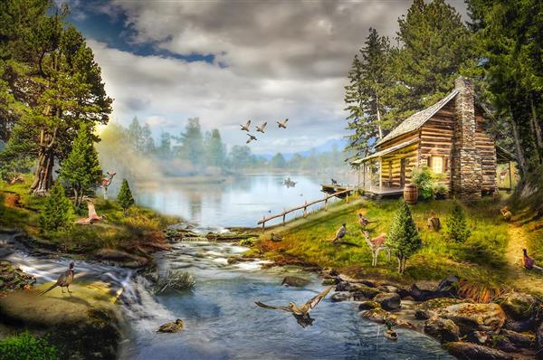 منظره کلبه چوبی کنار رودخانه در دل جنگل و پرواز پرندگان مناسب برای اتاق نشیمن و دفتر کار جهت چاپ پوستر دیواری پهن و تابلوی نقاشی