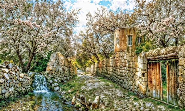 پوستر دیواری شکوفه های بهاری در کوچه باغ سنگی با جوی آب زلال مناسب سالن پذیرایی و لابی هتل جهت چاپ دیوارپوش و تابلوی بوم