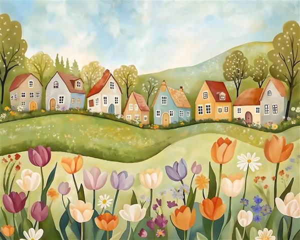 تصویر فانتزی خانه های روستایی رنگارنگ در دشت گل مناسب برای اتاق کودک و مهدکودک جهت چاپ پوستر دیواری، روتختی و پرده تصویری