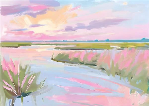 طرح هنری آبرنگی منظره دشت و رودخانه در غروب صورتی رنگ مناسب دکوراسیون داخلی مدرن، لابی و اتاق خواب جهت چاپ پوستر دیواری و بوم نقاشی