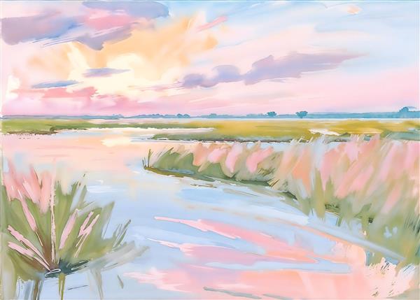 نقاشی انتزاعی از منظره نیزار و رودخانه با رنگ‌های پاستلی ملایم مناسب برای اتاق خواب عروس و سالن‌های زیبایی جهت چاپ روتختی، پرده و پوستر دیواری