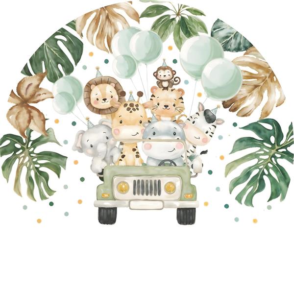 پوستر دیواری کودک طرح حیوانات جنگل سوار بر ماشین آفرود فانتزی مناسب اتاق نوزاد و مهدکودک جهت چاپ کاغذ دیواری و روتختی کودک