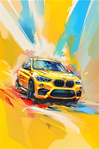 نقاشی مدرن و انتزاعی ماشین BMW زرد رنگ با ضربات قلم‌مو جهت تابلو دکوراتیو و کاغذ دیواری مدرن