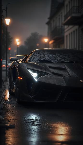 پوستر دیواری ماشین سوپر اسپرت مشکی در خیابان بارانی و مه آلود برای دکوراسیون کافه و اتاق جوانان
