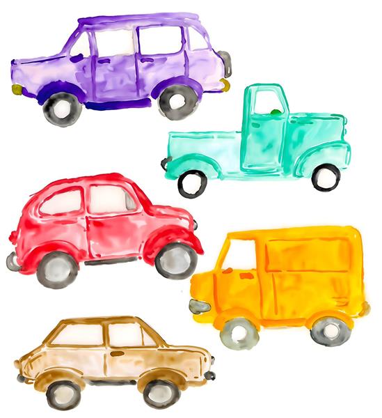 نقاشی آبرنگی ماشین‌های رنگارنگ کلاسیک طرحی شاد برای پارچه روتختی، پرده و دفترچه یادداشت کودکان