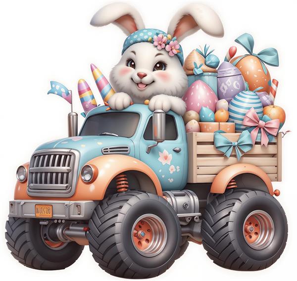 تصویر فانتزی خرگوش با کامیون تخم‌مرغ‌های رنگی عید برای کاغذ دیواری اتاق نوزاد و مهدکودک