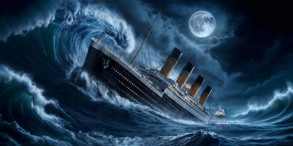 پوستر سه بعدی کشتی تایتانیک در میان امواج سهمگین اقیانوس و نور ماه برای اتاق کار و فضای پذیرایی