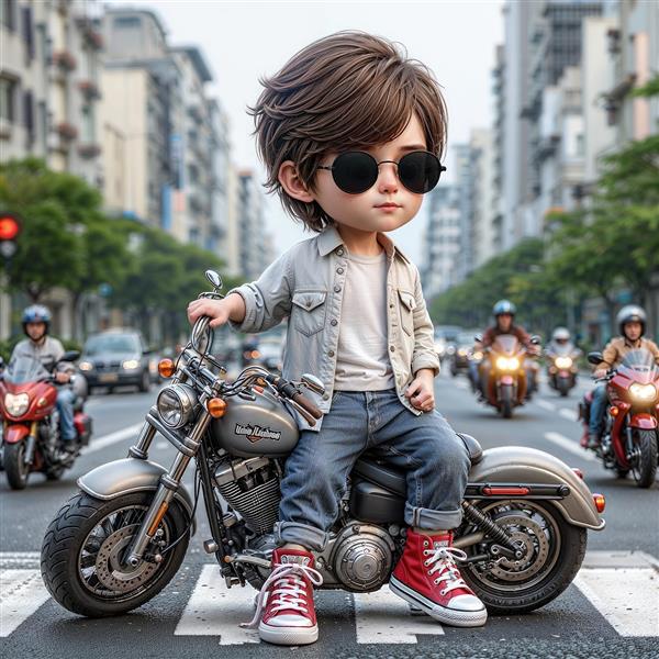کاراکتر سه بعدی پسر موتورسوار با عینک آفتابی در خیابان شهر ویژه پوستر دیواری فانتزی و اتاق خواب کودکان