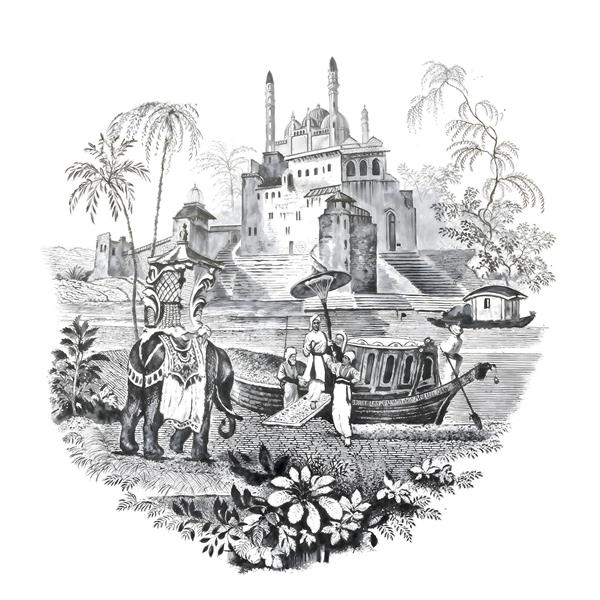 نقاشی خطی فیل سلطنتی و قصر شرقی با سبک وینتیج مناسب چاپ روی ماگ، تیشرت و کوسن دکوراتیو