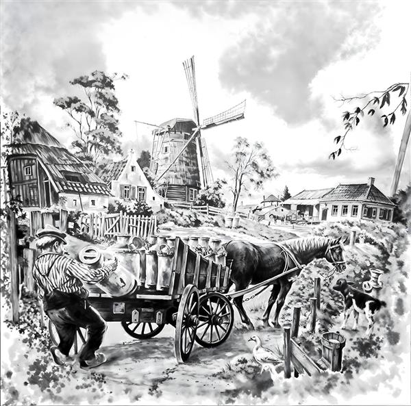طرح سیاه و سفید مزرعه قدیمی با آسیاب بادی و اسب برای چاپ پرده تصویری، روتختی و کاغذ دیواری آشپزخانه