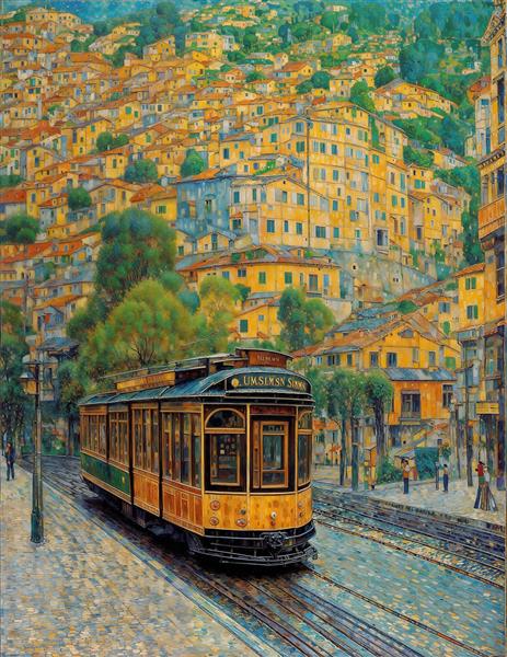 تابلوی دکوراتیور نقاشی محله قدیمی اروپایی و تراموا زرد رنگ ویژه نصب در کافه، رستوران و اتاق نشیمن