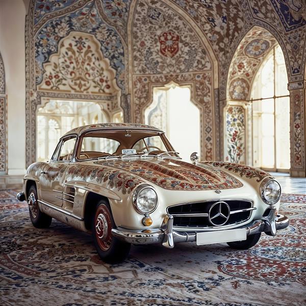 پوستر دیواری سه بعدی خودروی لوکس مرسدس بنز سفید در دکوراسیون داخلی نمایشگاه و اتاق نشیمن