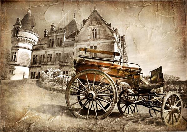 نقاشی نوستالژیک قصر قدیمی و کالسکه سلطنتی با تم قهوه‌ای کلاسیک مناسب چاپ کاغذ دیواری اتاق پذیرایی و لابی هتل