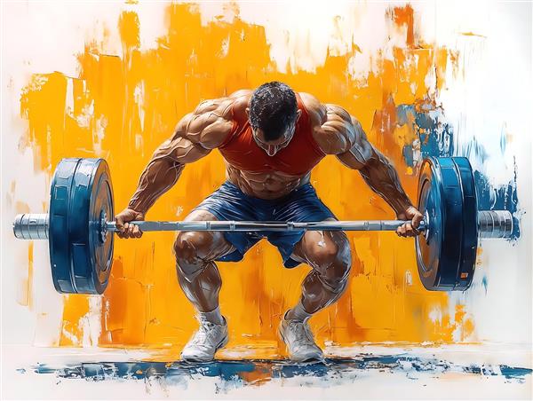 نقاشی هنری بدنساز در حال لیفت وزنه با پس‌زمینه نارنجی ویژه پوستر دیواری بزرگ سالن فیتنس