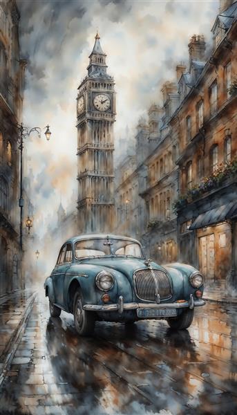 نقاشی آبرنگ خودرو کلاسیک در خیابان‌های لندن و برج بیگ‌بن مناسب برای تابلو دکوراتیو و کافه