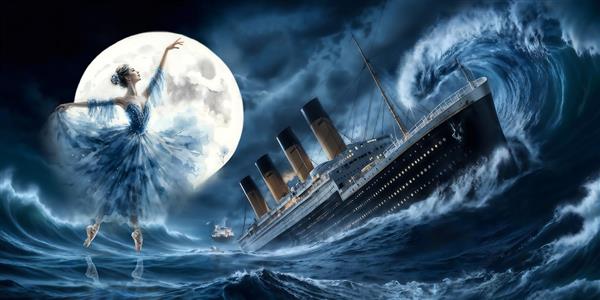 پوستر دیواری فانتزی کشتی تایتانیک و رقصنده باله در ماه برای تالارهای هنری و سالن‌های رقص