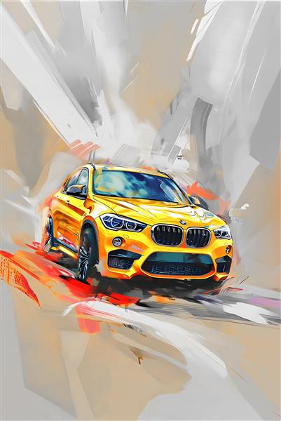 نقاشی دیجیتال هنری بی ام و زرد در حال حرکت ویژه پوستر دیواری عمودی و دکوراسیون مدرن اتاق جوان