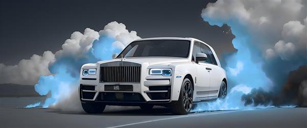 پوستر لاکچری خودرو رولز رویس سفید میان دود آبی و سفید برای دکوراسیون نمایشگاه ماشین و اتاق خواب مدرن