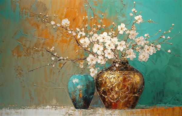 طرح نقاشی مدرن گلدان طلایی و فیروزه ای با شکوفه های سفید ویژه پوستر دیواری پشت تلویزیون