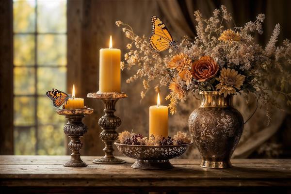 پوستر دیواری رویایی شمع و پروانه در کنار گلدان گل برای ایجاد آرامش در اتاق خواب و اسپا