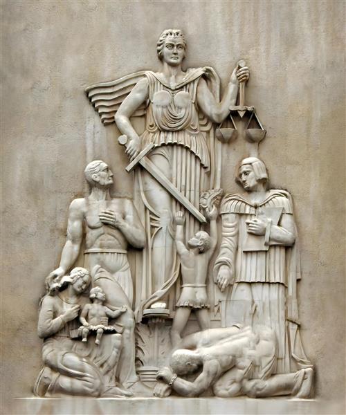 عکس کتیبه نقش‌برجسته فرشته عدالت دادگستری تهران مناسب برای پوستر دیواری دفاتر وکالت و حقوقی