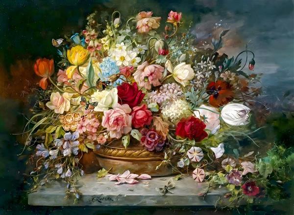 تصویر باکیفیت تابلوی نقاشی کلاسیک از انبوه گل های وحشی و رز برای دیوار هتل و سالن پذیرایی