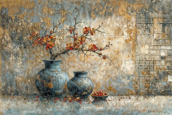 طرح انتزاعی و هنری گلدان آبی روی دیوار بتنی قدیمی مناسب پوستر دیواری سبک مدرن و مینیمال