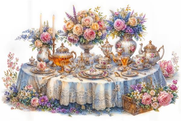 طرح گرافیکی چیدمان میز صبحانه با ظروف آنتیک و گل‌های رنگارنگ برای چاپ روی رومیزی و پوستر آشپزخانه