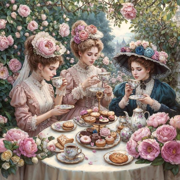 نقاشی فانتزی عصرانه بانوان در باغ گل رز مناسب برای پوستر دیواری اتاق خواب دخترانه و مزون