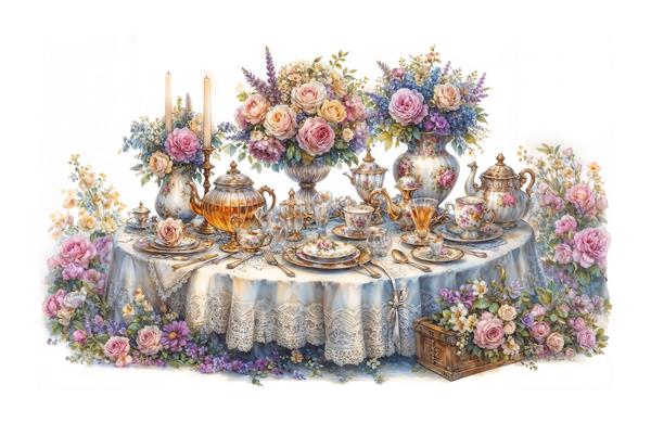 طرح دوربری شده میز عصرانه مجلل با ظروف نقره و گل های بهاری ویژه چاپ روی ماگ، بشقاب و تترون