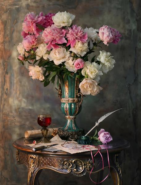 تصویر استوک دسته گل پیونی در گلدان سلطنتی و میز قدیمی مناسب برای کاغذ دیواری و تابلو اتاق خواب